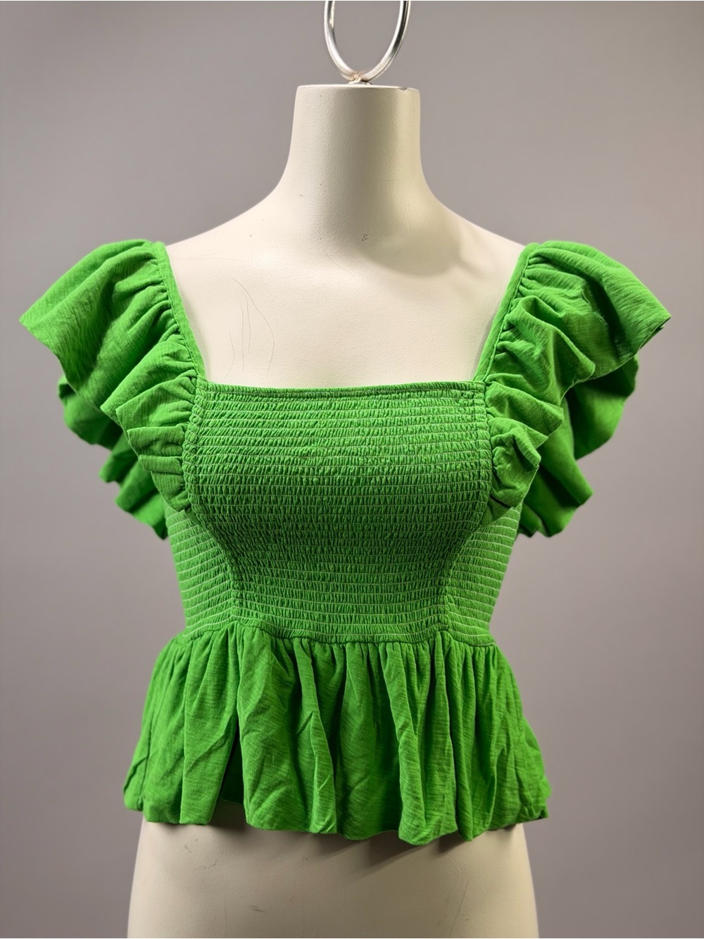 Nation LTD Bright Green Smocked Peplum Crop Top with Ruffle Sleeves (r2)